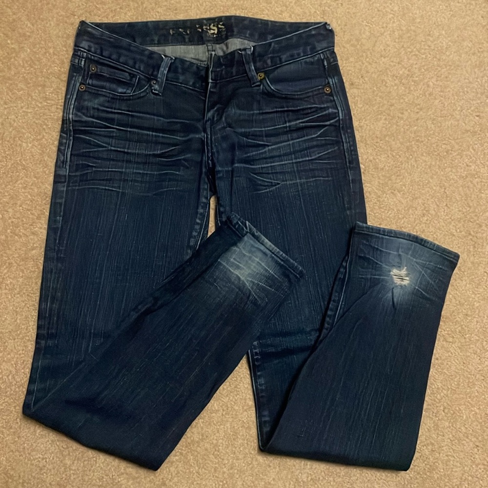 Express Jeans size 0s; straight leg dark wash; cotton 98% spandex 2%; distressed